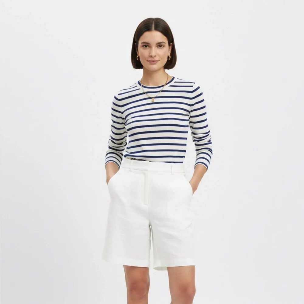 Argent Striped Long Sleeve Crew Neck Top Navy & White Ribbed Knit Capsule Size S